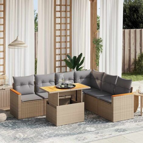vidaXL Gartenmöbelset mit Kissen 7 Teile Beige Geflochtene Kunststoffe