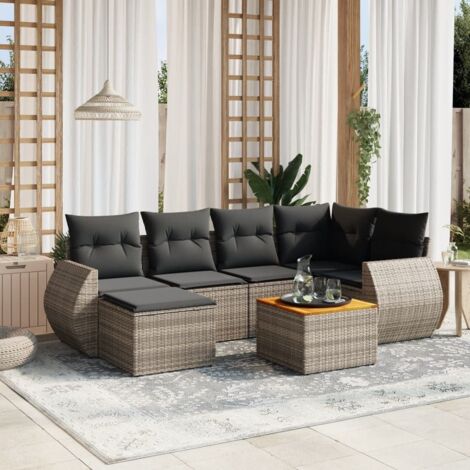vidaXL Gartenmöbelset mit Kissen 7 Teile grau Flechtwerk
