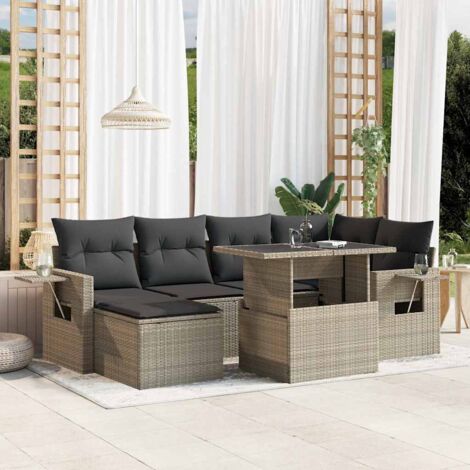 vidaXL Gartenmöbelset mit Kissen 7 Teile Grau Rattan