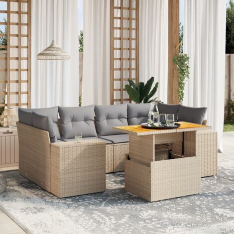 vidaXL Gartenmöbelset mit Kissen 7 teilig beige Rattan