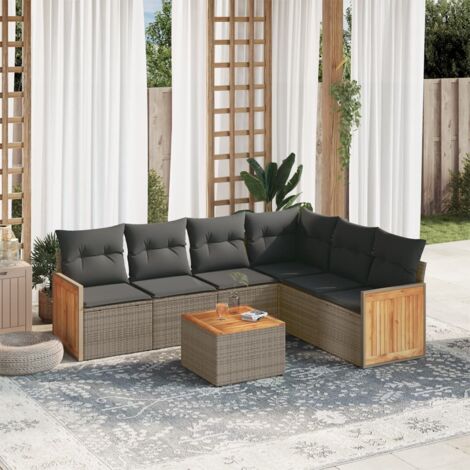 vidaXL Gartenmöbelset mit Kissen 7-teilig grau geflochtene Kunstfaser