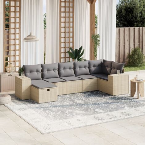 vidaXL Gartenmöbelset mit Kissen 7tlg. Beige Melange Geflochtene Rattan
