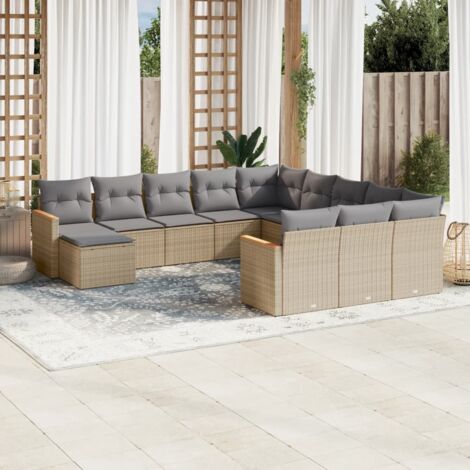 vidaXL Gartenmöbelset mit Polstern 12 Teile beige gemischt aus geflochtener Synthese