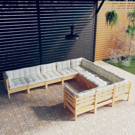 vidaXL Gartenset 10-teilig mit cremefarbenen Kissen aus massivem Kiefernholz