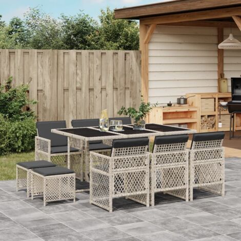 vidaXL Gartenset 11-teilig mit grauen Poly-Rattan-Kissen