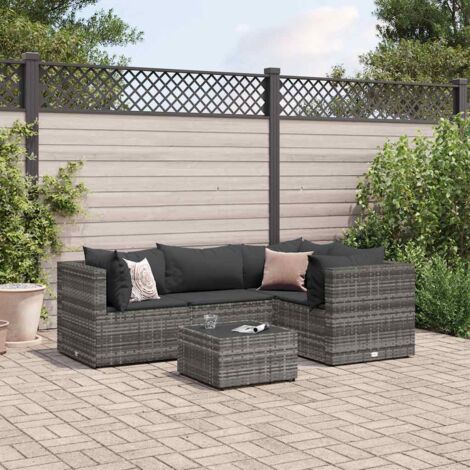 vidaXL Gartenset 5 Teile mit Kissen Grau Geflochtene Kunststoffe