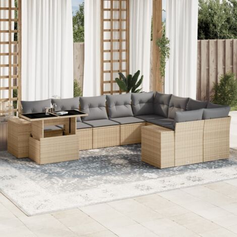 vidaXL Gartenset mit Kissen 10 Teile beige geflochtene Kunststoffe