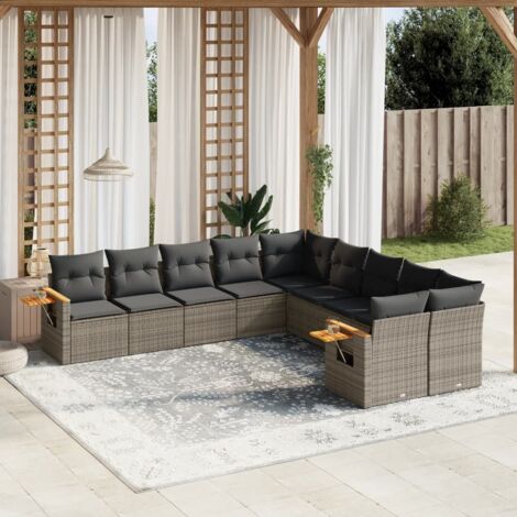vidaXL Gartensitzgruppe mit Kissen 10 Teile grau Rattan