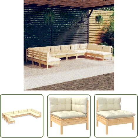 vidaXL Gartensofa 10-teilig mit cremefarbenen Kissen aus massivem Kiefernholz