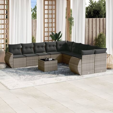 vidaXL Gartensofa mit Kissen 10-teilig grau Rattan