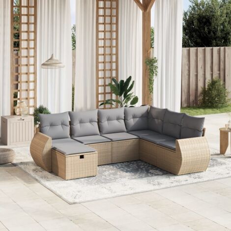vidaXL Gartensofa mit Kissen 7-teiliges Set, gemischtes Beige, geflochtene Kunstfaser