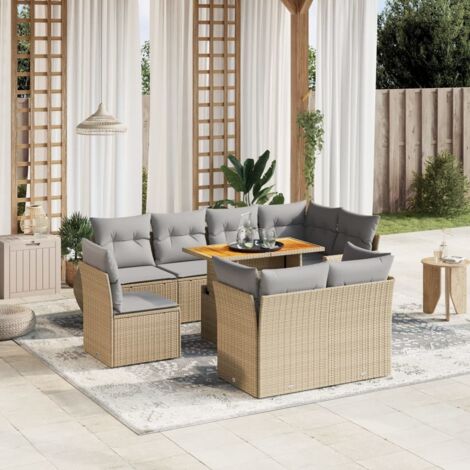 vidaXL Gartensofaset mit Kissen 9 tlg. beige, geflochtene Rattanoptik