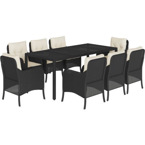 vidaXL Gartentisch-Set 9-teilig mit schwarzen Kissen aus geflochtener Kunstfaser