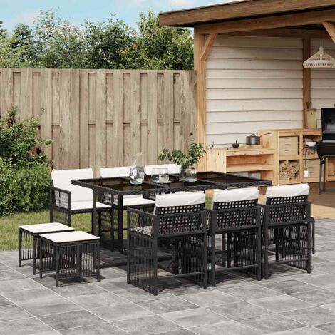 vidaXL Gartentischset 11 Teile mit Kissen schwarz Rattan