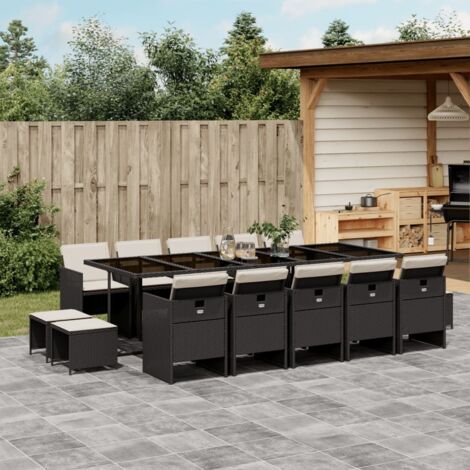 vidaXL Gartentischset 15 Teile mit Kissen schwarz Rattan