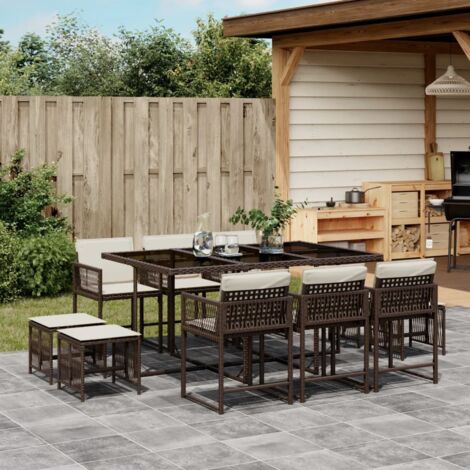 vidaXL Gartentischset mit 11 Teilen und Kissen braun Rattan