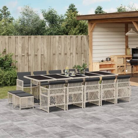 vidaXL Gartentischset mit Kissen 15 Stück hellgrau Rattan