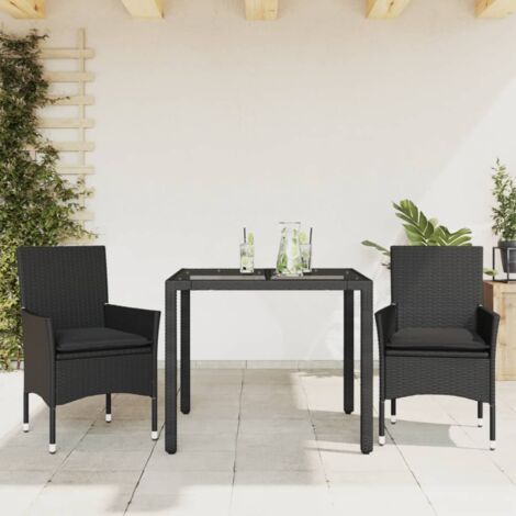vidaXL Gartentischset mit Kissen 3 Teile schwarz Rattan Glas