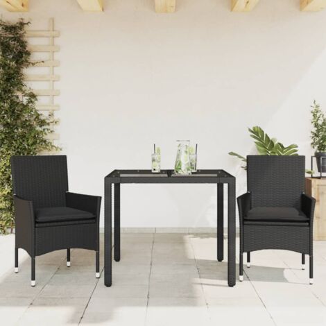 vidaXL Gartentischset mit Kissen 3 Teile schwarz Rattan Glas
