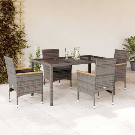 vidaXL Gartentischset mit Kissen 5-teilig Grau Rattan Glas