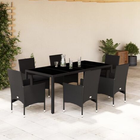 vidaXL Gartentischset mit Kissen 7 Teile Schwarz Rattan Akazie