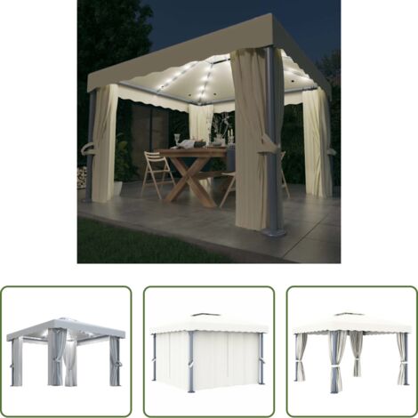 vidaXL Gazebo con luci LED -  Gazebo con Tende e Stringa di Luci LED 3x3 m Bianco Crema