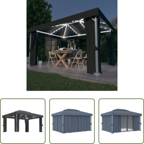 vidaXL Gazebo con luci LED -  Gazebo con Tende e Stringa di Luci LED 4x3 m Antracite