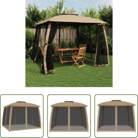 vidaXL Gazebo esterno -  Gazebo con Tetto Doppio/Pareti Rete Tortora 2,93x2,93 m Acciaio