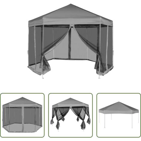 vidaXL Gazebo per esterni -  Gazebo Esagonale Pop-Up con 6 Pareti Grigio 3,6x3,1 m