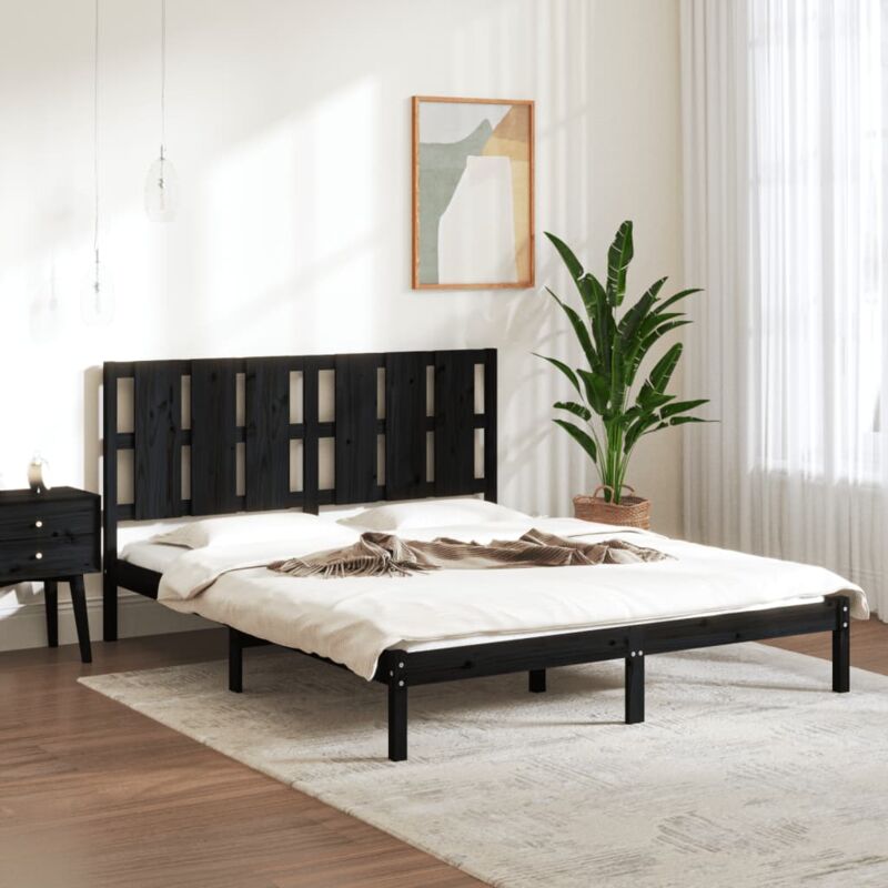 Vidaxl - Letto adulto, Giroletto, Letto matrimonial Nero in Legno Massello 150x200 cm 5FT King Size