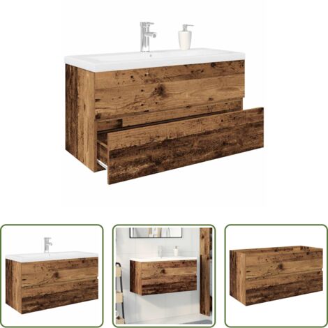 vidaXL Grifo de agua fría y caliente -  Mueble lavabo con lavabo integrado y grifo madera vieja