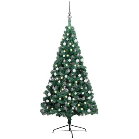 vidaXL Halb-Kunstweihnachtsbaum mit Lichtern und grünen Kugeln 180 cm