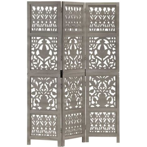 vidaXL Hand Carved 3-Panel Room Divider Grey 120x165 cm Solid Mango Wood