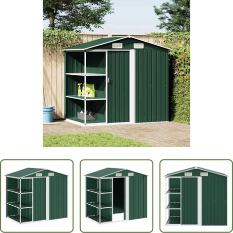 vidaXL Herramientas -  Cobertizo de jardín con estante hierro verde 205x130x183 cm