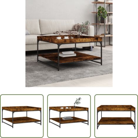 vidaXL Hierro -  Mesa de centro madera ingeniería y hierro roble humo 80x80x45cm