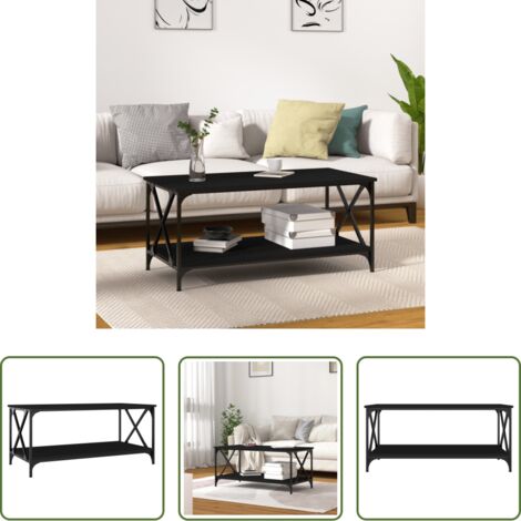 vidaXL Hierro negro -  Mesa de centro madera contrachapada y hierro negro 100x50x45 cm