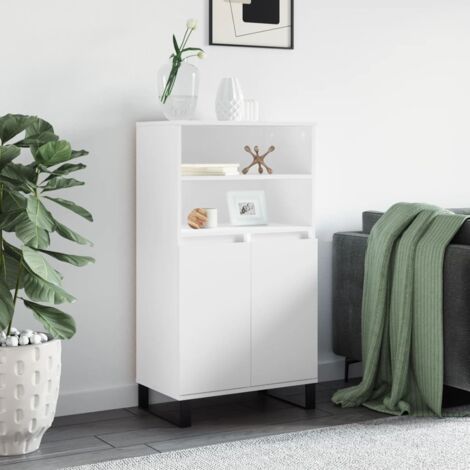Vidaxl – Buffet haut blanc 60x36x110 cm – Bois d'ingénierie avec 6 compartiments – Résistant à l'humidité – Pieds en métal moderne