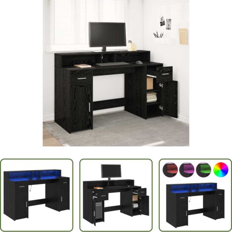 vidaXL Iluminación LED -  Escritorio Roble negro 140 x 55 x 91 cm Madera contrachapada