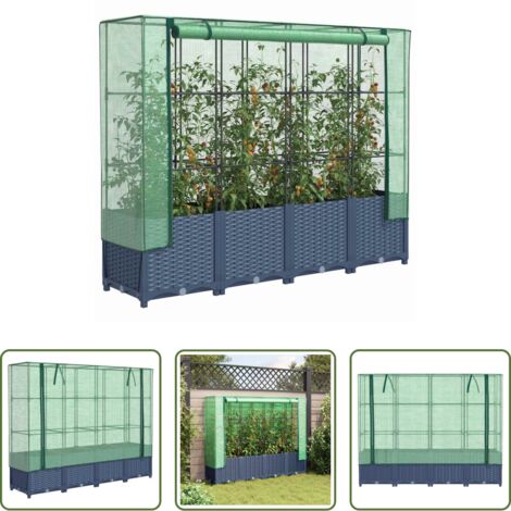 vidaXL Invernadero -  Jardinera elevada con cubierta de invernadero aspecto ratán 160x40x138 cm