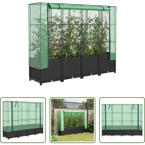 vidaXL Invernadero -  Jardinera elevada con cubierta de invernadero aspecto ratán 160x40x138 cm