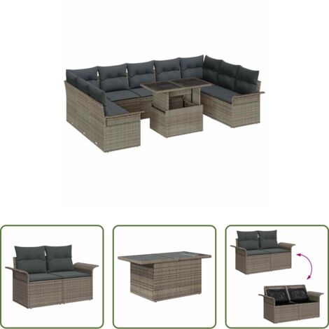 vidaXL Jardín -  Conjunto de sofá de jardín 10 pcs Gris Rattan de Poliéster