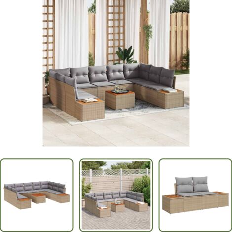 vidaXL Jardín -  Conjunto de sofás de jardín con cojín 10 pcs Beige Poliratán
