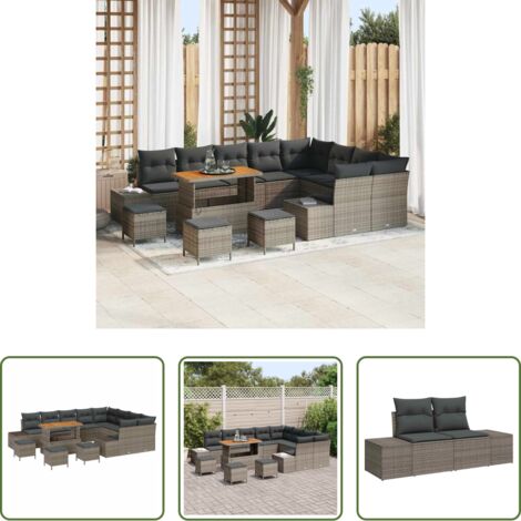 vidaXL Jardín -  Conjunto de sofás de jardín con cojín 13 pcs Gris Poliratán