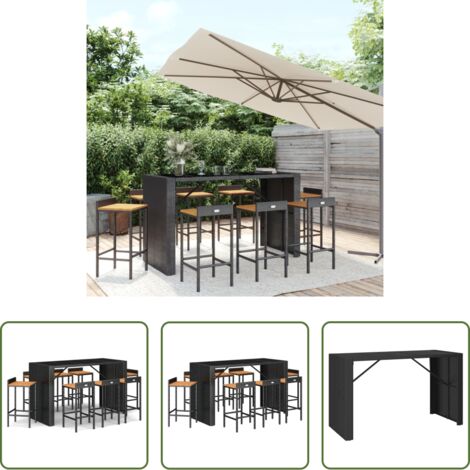vidaXL Jardín -  Mesa bar y taburetes jardín 9 pzas madera acacia ratán PE negro