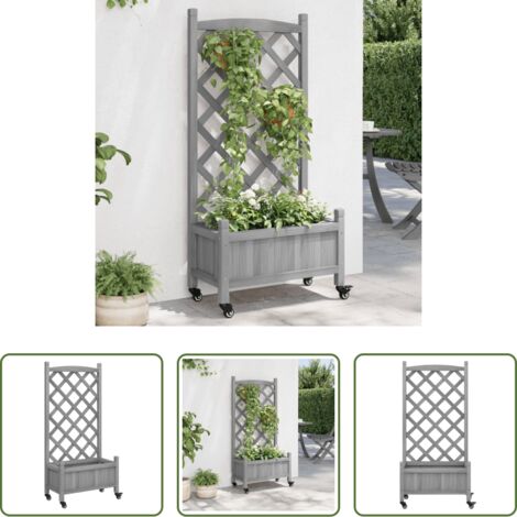 vidaXL Jardinera de madera -  Jardinera con enrejado y ruedas madera maciza de abeto gris