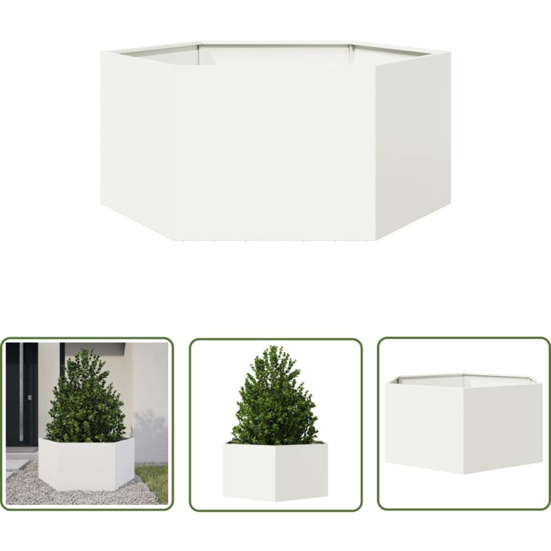 The Living Store - vidaXL Jardinière blanc hexagone 104x90x45 cm acier