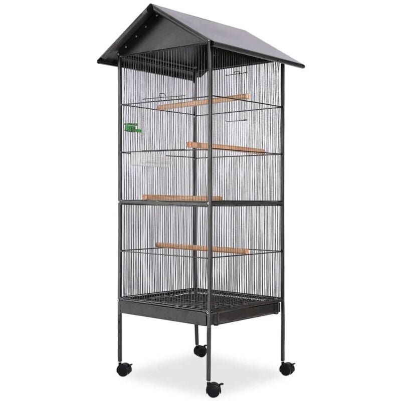 

vidaXL Jaula para pájaros con techo de acero negro 66x66x155 cm - Negro