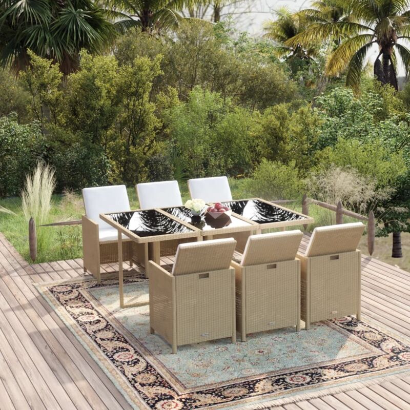 vidaXL Ensemble à manger de jardin et coussins 7 pcs Poly rotin Beige