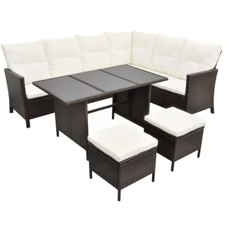 Set muebles de jardín 4 piezas y cojines ratán sintético marrón