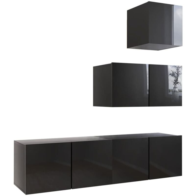 

Juego de mueble para TV de 4 piezas aglomerado negro brillante - Negro - Vidaxl